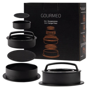 GOURMEO presa burger 3in1, chiftele mari Ø10.3cm/230g + mici Ø7.3cm/120g + umplute, placa baza detasabila, antiaderenta, 50 coli hartie incluse, negru - Verificat A · Re-Bloom