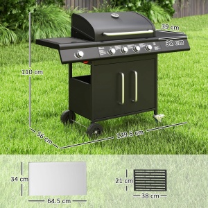 Gratar pe gaz cu arzator lateral, masuta si dulap, otel inoxidabil/PP, 129.5x56x110 cm, arzator principal 3kW + lateral 3.2kW, propan/butan, 3 gratare + gratar incalzire + regulator + furtun incluse, negru - Verificat A · Re-Bloom - Img 6
