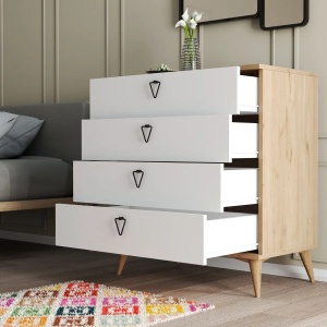 Hanah Home comoda, PAL melaminat 18mm, 80x45x90.8 cm, 4 sertare, multiple rafturi, picioare plastic, fixare perete, stejar/alb - Verificat A · Re-Bloom - Img 3