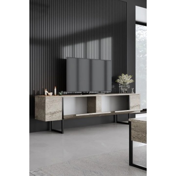 Hanah Home comoda TV 180x30x50 cm, PAL 18mm melaminat, picioare metal, travertin si negru - Verificat A · Re-Bloom - Img 4