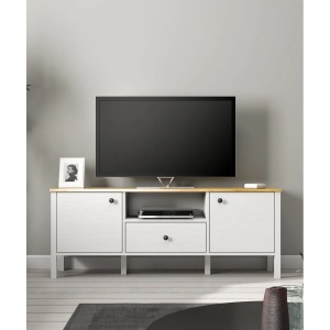Hanah Home comoda TV living 150x58x35 cm, PAL 18mm, cant 0.8mm, picioare MDF, manere metal, lemn si alb - Verificat A · Re-Bloom - Img 2