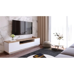 Hanah Home comoda TV living 180x44.6x44.5 cm, PAL 18mm, rafturi si compartimente, concept modern, pin atlantic si alb - Verificat A · Re-Bloom - Img 4