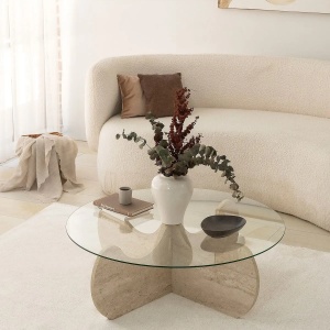 Hanah Home masa de cafea rotunda 90x30 cm, blat sticla, baza PAL melaminat, travertin - Verificat A · Re-Bloom - Img 5