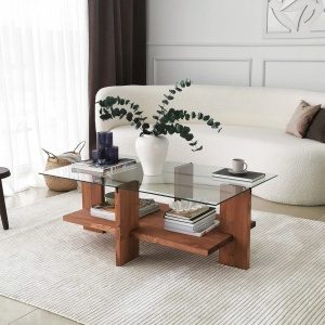 Hanah Home masuta de cafea, sticla securizata/lemn masiv, 105x60x40 cm, natur - Verificat A · Re-Bloom - Img 6