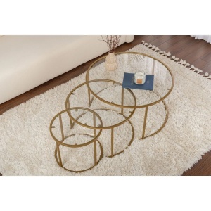 Hanah Home set 3 masute de cafea, sticla securizata 4mm, cadru metal auriu, 80x80x45 cm + 60x60x39 cm + 42x42x35 cm, auriu si transparent - Verificat A · Re-Bloom - Img 4