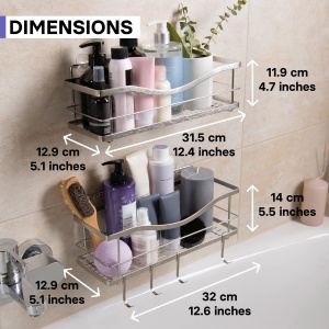 KINCMAX set 2 rafturi de baie, otel inoxidabil 304, raft 1: 31.5x11.9x12.9 cm + raft 2: 32x14x12.9 cm, 9kg/raft, 4 carlige mobile, drenaj optimizat, argintiu - Verificat A · Re-Bloom - Img 2