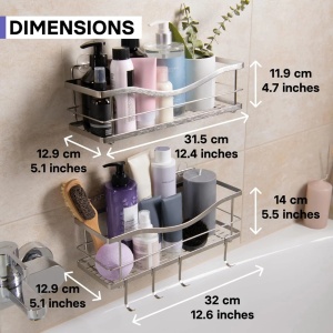 KINCMAX set 2 rafturi de baie, otel inoxidabil 304, raft 1: 31.5x11.9x12.9 cm + raft 2: 32x14x12.9 cm, 9kg/raft, 4 carlige mobile, drenaj optimizat, argintiu - Verificat A · Re-Bloom - Img 2