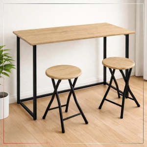Kiwari Fab set masa bar + 2 scaune, MDF/metal, masa 90x45x74 cm + scaune Ø30x45 cm, capacitate 100kg/scaun, design compact, bej/negru - Verificat A · Re-Bloom - Img 1