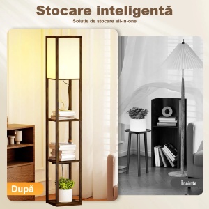 Lampadar 2in1 cu rafturi, USB-A/C, lumina reglabila, intrerupator pedala, MDF, Maro/Alb - Verificat A · Re-Bloom - Img 4