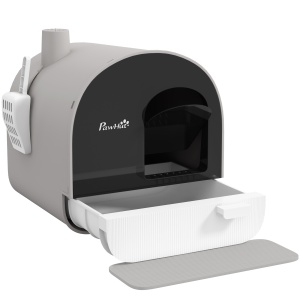 Litiera pentru pisici inchisa cu filtre si lopata, PP, 43x44x47 cm, tava interioara 38x34x8.5cm, usa 18x22.5cm, covoras 45.5x17cm, gri/negru/alb - Verificat A · Re-Bloom