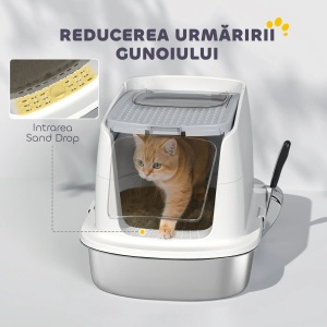 Litiera pentru pisici Re-Bloom, cu 2 intrari, lopatica si deodorant, inox/ABS/polipropilena, alb/argintiu, 52,4 x 41,3 x 39,8 cm, Resigilat, Grad A - Img 3