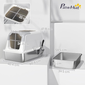 Litiera pisici 2 intrari 60.4x40.4x41.8 cm, tava inox 201, intrare frontala + iesire superioara, zona captare nisip, alb/gri - Verificat A · Re-Bloom - Img 3