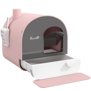 Litiera pisici inchisa cu filtre, lopatica, tavita detasabila, mat nisip, PP, 43x44x47cm, Roz/Gri - Verificat A · Re-Bloom