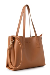 Lucky Bees geanta de umar piele ecologica, 32x13x27 cm, 2 manere fixe + bareta ajustabila detasabila 100cm, fermoar/capse, 3 compartimente, logo, detalii aurii, maro cognac - Verificat A · Re-Bloom - Img 3