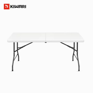 Masa plianta 150x70 cm – Masa dreptunghiulara pentru evenimente si catering, design pliabil cu maner de transport, picioare metalice rezistente, blat HDPE, alb, Resigilat, Grad A - Img 2