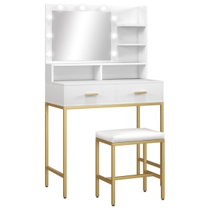 Masuta de machiaj cu oglinda LED si scaun Re-Bloom, MDF/PAL/sticla, alb/natur, 80 x 40 x 138 cm, Resigilat, Grad A