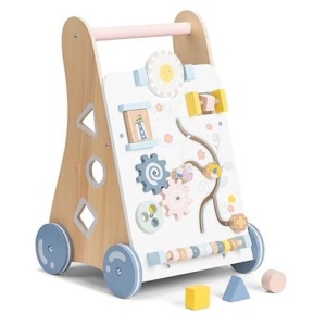 Navaris antepremergator educational interactiv, MDF/lemn pin/cauciuc/fier, 50x32.5x31 cm, 3.2 kg, joc forme + labirint + abac + roti cauciuc + compartiment depozitare, bej/multicolor - Verificat A · Re-Bloom