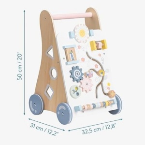 Navaris antepremergator educational interactiv, MDF/lemn pin/cauciuc/fier, 50x32.5x31 cm, 3.2 kg, joc forme + labirint + abac + roti cauciuc + compartiment depozitare, bej/multicolor - Verificat A · Re-Bloom - Img 2