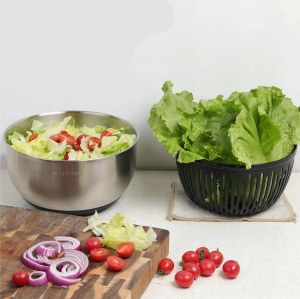 Navaris bol multifunctional cu centrifuga salata, otel inoxidabil 304, 5 discuri interschimbabile razuit/feliat, strecuratoare plastic, baza silicon antiderapanta, argintiu/negru - Verificat A · Re-Bloom - Img 3