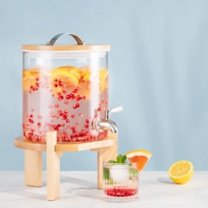 Navaris dozator bauturi sticla borosilicata cu stand lemn fag, 5L, Ø20x20cm, inaltime totala 34cm, 2.5kg, robinet inox/silicon, capac lemn/inox, compatibil masina spalat vase, maro - Verificat A · Re-Bloom - Img 5
