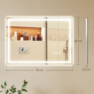Oglinda baie anti-aburire cu LED reglabil, difuzor Bluetooth, butoane tactile, IP44, sticla securizata, 70x50cm, Argintiu - Verificat A · Re-Bloom - Img 3