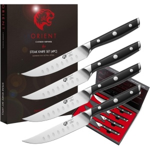 Orient Carbon Series set 4 cutite pentru friptura 13 cm, otel inoxidabil german X50 Ultra+, lama monostrat, duritate 56 HRC, maner POM, negru - Verificat A · Re-Bloom
