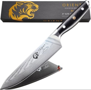Orient Origin Series cutit profesional bucatar Damasc, otel japonez AUS-10 61HRC, 20cm, 67 straturi otel Damasc, unghi 7-13°, maner ergonomic, negru - Verificat A · Re-Bloom - Img 1