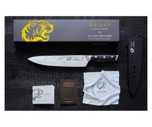 Orient Origin Series cutit profesional bucatar Damasc, otel japonez AUS-10 61HRC, 23cm, 67 straturi otel Damasc, unghi 7-13°, maner G10, negru - Verificat A · Re-Bloom - Img 2