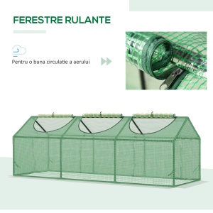 Outsunny sera compacta 180x60x60 cm, 3 ferestre rulou anti-UV, PE/otel, ventilatie ajustabila, rasaduri plante, verde - Verificat A · Re-Bloom - Img 4