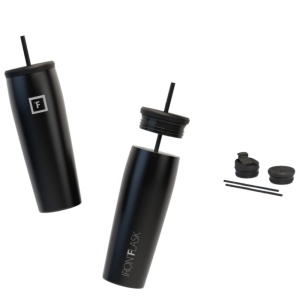 Pahar din otel inoxidabil IRON °FLASK, cu pai si 2 capace, izolat, rece 20 ore / cald 5 ore, negru, 830 ml