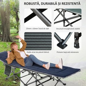 Pat pliabil de camping, otel/Oxford/spuma LDPE, 188x64.5x53 cm pliat 28x17x105 cm, inaltime 37cm, perna 37x13cm + husa transport 28x25cm incluse, capacitate 150kg, albastru - Verificat A · Re-Bloom - Img 5