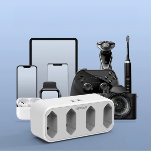 Priza europeana de perete Tessan, cu 4 prize plate si 2 porturi USB, ABS, alb, 12,3 x 5,5 x 7,8 cm - Img 3