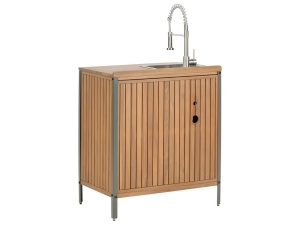 Produs Resigilat Dulap bucatarie exterior cu chiuveta Re-Bloom Ivrea, lemn salcam certificat/aluminiu, 80x50x92 cm, robinet inclus, maro/gri/argintiu - Verificat A - Img 5