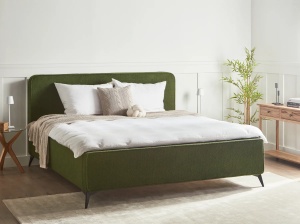 Produs Resigilat Pat matrimonial Re-Bloom Valones, 180x200 cm, textil/placaj/fier/eucalipt, somiera 16 lamele, tablie 192x109 cm, 450 kg, verde inchis - Verificat A - Img 2