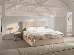 Produs Resigilat Pat matrimonial Re-Bloom Vion, 180x200 cm, textil/otel/MDF, somiera 48 lamele arc, spatiu depozitare, tablie 197x110 cm, 250 kg, bej - Verificat A - Img 2