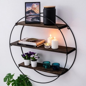 Raft perete living 60x60x15 cm, 3 polite molid masiv 15mm, rama metal 6mm, stil industrial, nuc/negru - Verificat A · Re-Bloom - Img 3