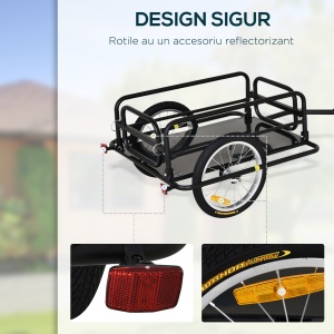 Remorca pentru bicicleta cu pereti pliabili, otel/PE 2mm, 139x71.5x49 cm, suprafata incarcare 71x42x25 cm, roti 16", carlig + 4 reflectoare, capacitate 40kg, 11kg, negru - Verificat A · Re-Bloom - Img 6