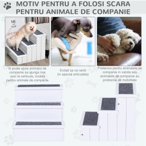 Scara din lemn cu 3 trepte pentru animale Re-Bloom, lemn pin/covor panza, 44.5x40.5x38 cm, 30 kg, alb - Verificat A · Re-Bloom - Img 6