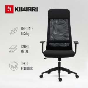 Scaun birou Kiwari® Nur, cadru metalic, suport lombar, brate fixe, mecanism fluture, lift gaz si roti nylon, suprafata textil/plasa, Negru, Resigilat, Grad A - Img 2