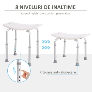 Scaun dus antiderapant, inaltime reglabila 8 niveluri, cadru aluminiu, Alb/Argintiu - Verificat A · Re-Bloom - Img 4