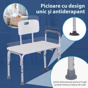 Scaun dus varstnici/dizabilitati, reglabil 6 nivele, 74x53x80-92 cm, aluminiu/PE, brate, spatar, alb/argintiu - Verificat A · Re-Bloom - Img 4