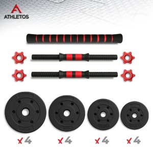 Set 2 gantere reglabile, Athletos®, 30 kg, convertibile in haltera cu bara conectoare, discuri ciment, multiple combinatii, Rosu/Negru, Resigilat, Grad A - Img 4