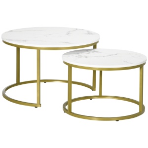 Set 2 masute de cafea rotunde stivuibile, otel/placi aglomerate 15mm, masa mare Ø74x46.3cm + masa mica Ø59x38.5cm, capacitate 15kg/masa, picioare reglabile, alb/auriu - Verificat A · Re-Bloom