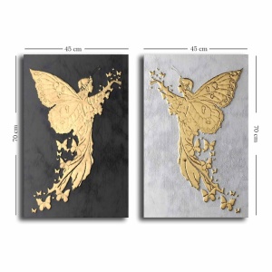 Set 2 tablouri decorative Re-Bloom, model ingeri, lemn masiv/panza, gri/negru/auriu, 45 x 70 cm - Img 3