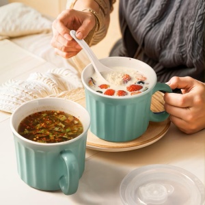 Set 4 boluri ceramice, cu maner si capac, 400 ml, rezistente la microunde, Turcoaz, Resigilat, Grad A - Img 3