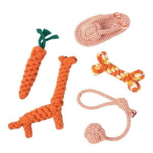 Set 5 jucarii din funie pentru animale, poliester/bumbac, dimensiuni 12-18 cm, lavabile, rezistente la muscaturi, portocaliu - Verificat B · Re-Bloom