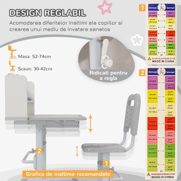 Set birou si scaun copii 6-12 ani, reglabil 82-104 cm, blat inclinabil 45°, sertar, raft carti, MDF/PP/otel, gri si alb - Verificat A · Re-Bloom - Img 5
