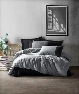 Set husa pilota + fata de perna, bumbac ranforce 100%, 135x200 cm + 80x80 cm, gri/negru - Verificat A · Re-Bloom