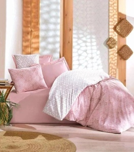 Set husa pilota + fata de perna, bumbac ranforce 100%, 155x200 cm + 80x80 cm, roz/alb - Verificat A · Re-Bloom