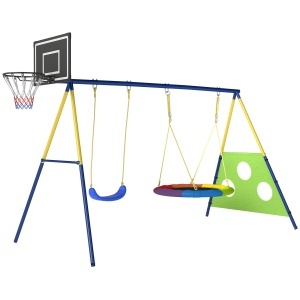 Set leagan gradina 4in1 copii, 2 leagane, cos baschet, poarta fotbal, 288x160x220cm, Multicolor - Verificat A · Re-Bloom